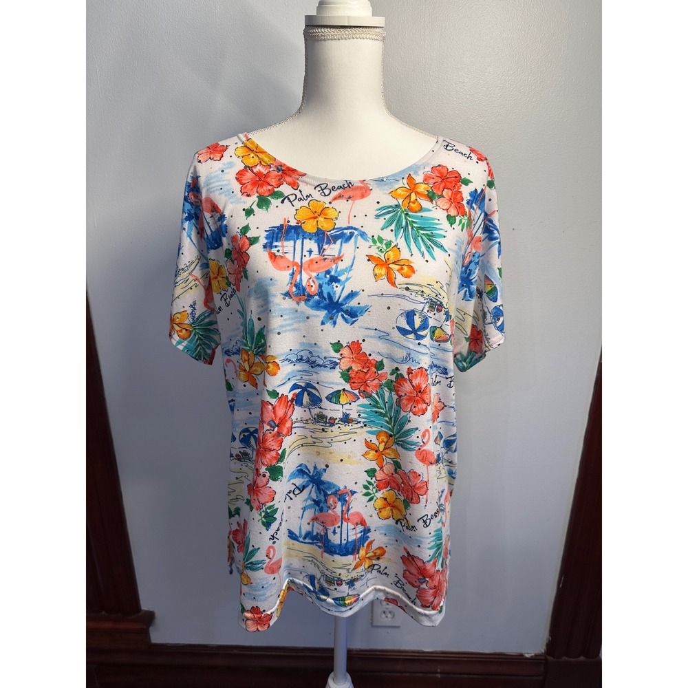 Cathy Daniels Palm Beach Flamingo Tropical Sequin Top XL Floral Short Sleeve